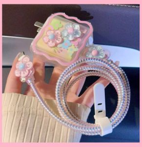 CoAce🔥ReadyStock🔥INS HOT Flowers For Apple 18/20W Charger Protector Set Casing for Charger Plug USB Cable Spring Line Wrap Protector Data Line Cord Organize Winding Wire Tie Soft TPU Cove