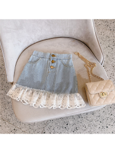 Loose Lace Splice Denim Mini Skirt for Girls Summer New Arrival Childrens Clothing Sweet Korean Style A-Line Half Skirt