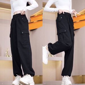 Womens Cargo Pants Spring Autumn New Style Elastic Big Pocket Straight Leg Trousers Casual Sports Two-Way Wear Polyester Fiber