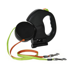 3m Double-Ended Dog Leash Auto Retractable Traction Rope 360 Degree Dual Head Walking Nylon Leashes with Flashlight Poop Bag Box