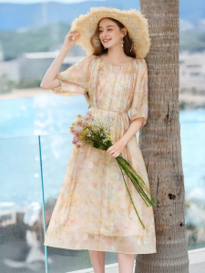 XIANGYING | French Floral Print Slimming Summer Dress