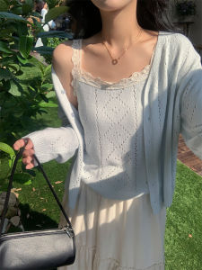 Delicate Summer Light Blue College Style Lace Splicing Short Knitted Vest Outer Cardigan Two Piece Set Womens Fashion Ensemble