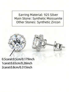 A Pair of 925 Silver Stud Earrings for Women Featuring 1-Carat Moissanite Stones—Suitable for Daily Wear.