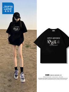 Jeanswest Pure Cotton Short Sleeve T-Shirt Womens Casual Spring Summer New Korean Style Student Black Loose Top