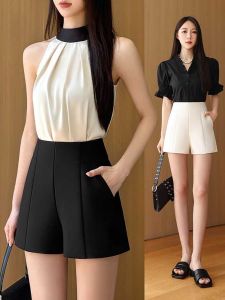 High Waist Pure Color Wide Leg A-Line Suit Shorts Womens Casual Fashion Loose Slimming Autumn Winter New Style Hot Pants