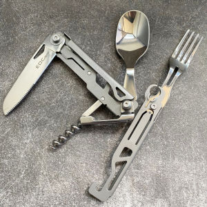 Outdoor Camping Stainless Steel Multifunctional Folding Spoon Fork Combination Bottle Opener Detachable Knife Fork Set EDC