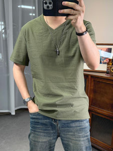 Áo Thun Nam Tay Ngắn Cổ Chữ V Màu Trơn Cotton Lanh Mỏng Thoáng Khí Mùa Hè Mới Đơn Giản Mát Mẻ Cơ Bản Tay Lửng Áo Thun