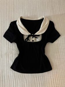 เสื้อยืดคอกลมแขนสั้นสีดำสำหรับผู้หญิง ทรงเข้ารูป สไตล์เกาหลี แขนสั้น ทรงเข้ารูป แฟชั่นฤดูร้อน แขนสั้น สไตล์เด็ก คอกลม