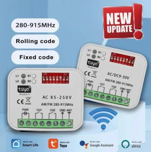 Tuya WiFi Garage Door Receiver 2CH Gate Universal Receiver Multi Frequency for 300-900MHz Remote Control Switch 9-30V 85-250V