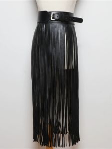 Fashionable Wide Waist Tassel Belt for Women Decorative Black Denim Skirt Accessory Alloy Pin Buckle Single Lap PU Leather