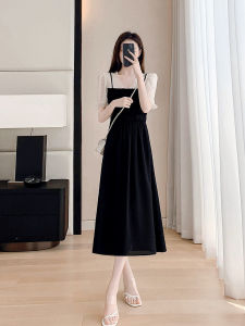 Black French Short Sleeve Patchwork Dress Womens Summer New Waist Cinching Slimming V-neck A-line Skirt Single Piece