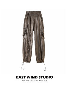 High Waist Drawstring Cuffed Casual Pants Womens Loose Straight Leg High Street Style Trousers Pocket Detail Tech Feel Long Pants