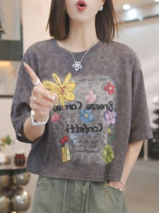 Shalldoer | Floral Letter Print Short Sleeve T-Shirt Womens Casual Loose Fit Summer Fashionable Ageless Versatile Top Round Neck Five Sleeve