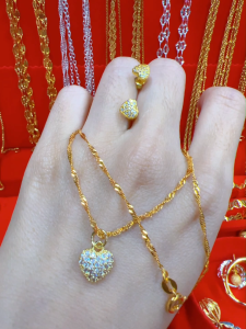 (2-in-1 set) Pawnable legit 18k Saudi Gold Nasasangla necklace 100% original lucky heart zirconia pendant earrings set womens gift
