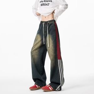 American Retro Three Bars Mens Jeans Spring Summer Trendy High Street Straight Loose Wide Leg Striped Long Pants