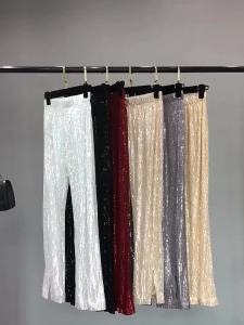 《406》Womens Fashion Shining White Trousers Show Tall Waist Sequins Flares Pants