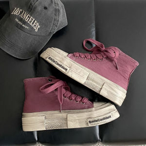 รองเท้าผ้าใบหุ้มข้อสูงสำหรับผู้หญิง ทรงหัวมน พื้นยาง สวมใส่สบาย ทรงหัวมน ทรงหัวมน รองเท้าผ้าใบสไตล์ย้อนยุค