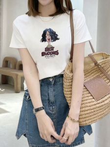 เสื้อยืดคอกลมแขนสั้นผ้าฝ้ายแท้สำหรับผู้หญิง สไตล์เกาหลี ฤดูร้อน 2023 เสื้อผ้าทำงานลายการ์ตูน แฟชั่นลำลอง