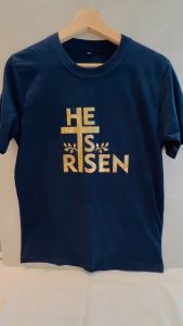 BAJU KAOS ROHANI KRISTEN KATOLIK SALIB AYAT ALKITAB PASKAH NATAL PRIA WANITA ANAK BAHAN KATUN COMBED COUPLE FAMILY DEKAOS  2932 GOLD RISEN