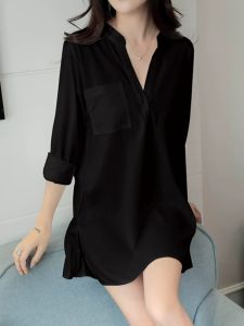 Chic White Chiffon Casual Womens Shirt Spring 2025 Sensual Korean Style V-neck Long Sleeve Mid-length Boyfriend Style Top