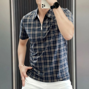 Turn-down Collar Plaid Short Sleeve Stylish Mens Polo Shirt