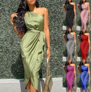 2022 Wish Style Womens Long Dress Irregular Oblique Shoulder Waist Belt Slim Satin Gown Mid-Waist Single Piece Summer Dress