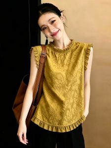 SHUAIYUE | Áo Sơ Mi Eo Dày Phong Cách Trung Quốc Màu Vàng Có Ren