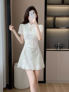 Váy Cưới Chữ a Cạp Cao Phong Cách Mới Trung Hoa Cho Nữ Mùa Hè Váy Dự Tiệc Váy Dài Tay Ngắn Họa Tiết Hoa Bằng Vải Polyester