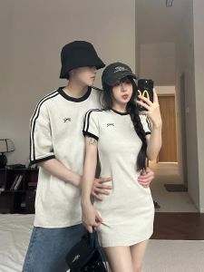 Unique Design Couple Summer Outfit Short Sleeve Womens Dress And Top Korean Style Wrap around Skirt Polyester Fiber round Neck