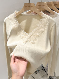 Thickened Knitted Lace Splicing V-Neck Apricot Sweater Womens Inner Wear Autumn Winter New Style Overhead Top Base Shirt