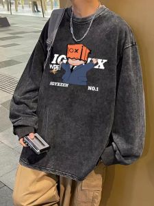 American Retro Pure Cotton Long Sleeves T-shirt Mens Autumn Ins Trendy High Street Washed Distressed Couple Heavy Weight Bottoming Shirt