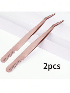 2Pcs False Eyelash Extension Tweezers with Comb Eyelash Curler Eyebrow Tweezers