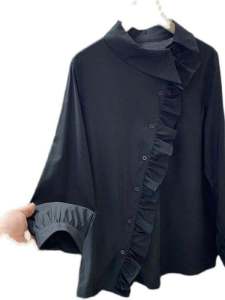 Fashionable Asymmetrical Hem Chiffon Shirt Womens Spring Autumn New Korean Style Button Side Lace Trim Top Long Sleeve Polo Collar