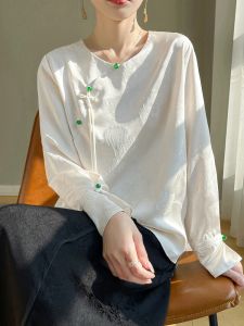 Elegant round Neck Satin Shirt Womens Spring New Style National Trend Embroidery Chinese Style Reformed Top Commute Shirt