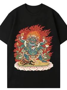 PAZHAOLANG | Dark Style Buddha Print Loose Fit Cotton T-shirt