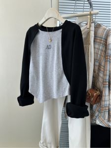 Slim Fit Short Sleeve Long Hoodie Womens Spring Autumn Thin Style Irregular Top Trendy INS Shoulder Insertion round Neck Commute Style