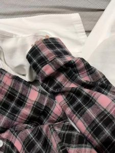 Dopamine French Sweet Pink Black Plaid Loose Long Sleeve Womens Base Shirt Versatile Casual Style Cotton Polo Collar Shirt