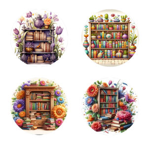 4 bookcase printed coasters suitable for daily family gathering decoration offices anti-slip wooden coasters