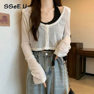 Ssee Áo thun có dây treo cổ chữ U áo bảo vệ khỏi ánh mặt trời dài tay áo ba lỗ ghép đôi hai mảnh cỡ lỡn quần áo nữ