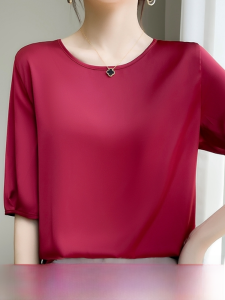 Short in Size Clearance Half Sleeve Silk Top Womens Half Sleeve Shirt Loose Satin T-shirt Summer round Neck Mulberry Silk Short Sleeve