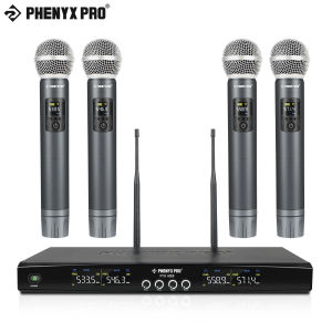 ระบบไมโครโฟนไร้สาย PTU-5200 Phenyx Pro UHF ปรับความถี่ได้ชุดไมโครโฟนไร้สายโลหะพร้อมไมค์แบบมือถือ4ตัวไมโครโฟนแบบไดนามิกช่วง200ft สำหรับบ้านรองเพลงคาราโอเกะโบสถ์ DJ