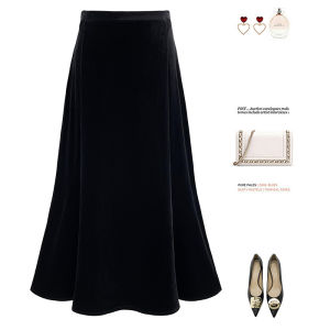 Womens Velvet Half Skirt Thickened Fleece Autumn Winter New Style Tailored Long Skirt Fish Tail Skirt High Waist A-Line Skirt