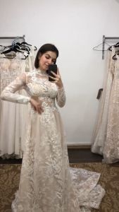 Modest Wedding Dress Long Sleeve Sparkle Lace Designer Bridal Gown for Fall & Winter Wedding Reception Dress