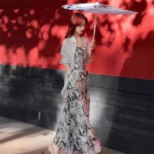 Elegant Floral Print Maxi Dress Womens Early Autumn Lightweight Long Sleeve Sun Protection Shirt Two-Piece Set City Commute Casual