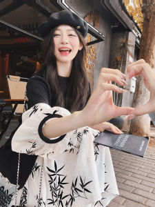 Black Splicing Water-Media Print Sweatshirt Dress Womens New Sweet Atmosphere Youthful Long Sleeve round Neck H-Style Dress