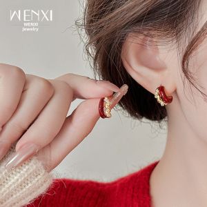 WENXI | Retro Elegant C-Shaped Red Glaze Zircon Ear Studs