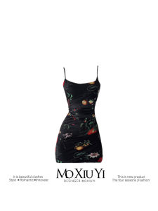 Moxiuyi Womens Floral Strap Dress Retro Waist-Controlled Slim Looking A- line Sheath Skirt Spring