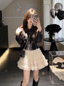 XUECAIQI | Early Spring OOTD Korean Style Leather Jacket Lace Midi Skirt Two-piece Set