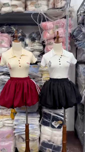 MK_Set tiểu thư thiết kế mặc hè đi biển áo chất Tăm cổ bẻ cộc tay ôm body mix chân váy ngắn bí bồng xòe xinh chất Tuyết Mưa dễ thương