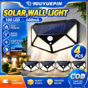 YOUYUEPIN 4pcs Solar Powered LED Wall Lamp 100 Beads 3 Modes Motion Sensor Waterproof Light For Garden Fence Patio